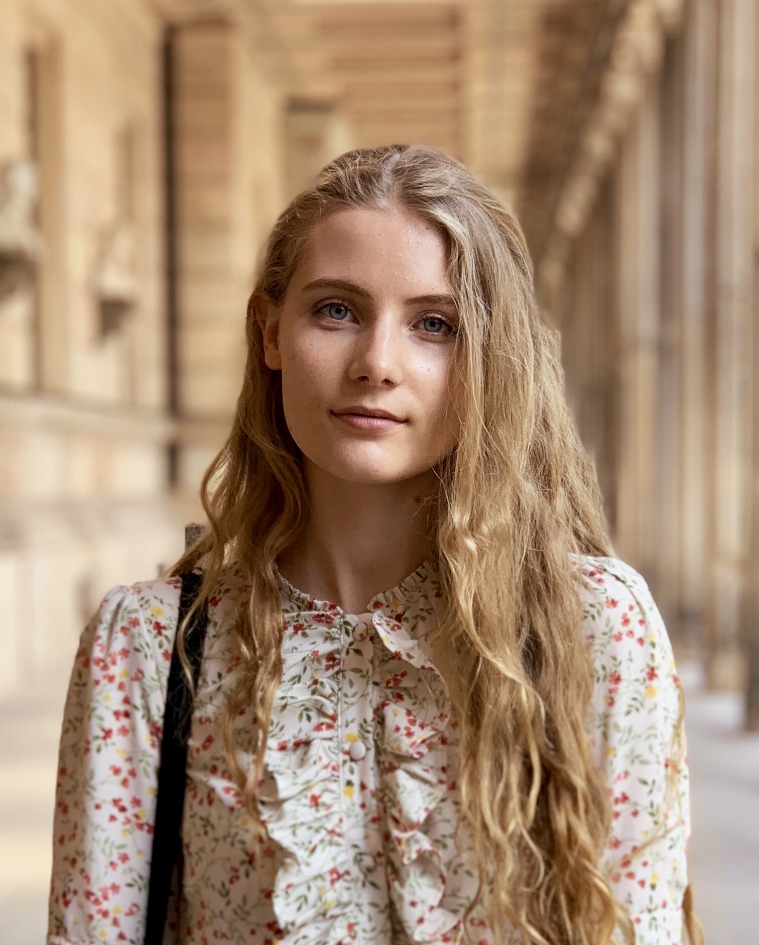 Lucy Salmon poses in front of the Museum Island colonnade