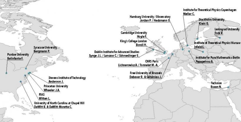 Map of the major research centers working on topics related to general relativity in the United States and Europe in 1955. Image: Florian Kräutli and Roberto Lalli.