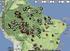 Detail of Brazil from the UNESCO Interactive Atlas of the World’s Languages in Danger. Languages are color-coded according to “vitality”: extinct (black), critically endangered (red), severely endangered (orange), definitely endangered (yellow), and vulnerable (white).