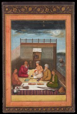 Artwork of a miniature pasted on an album sheet. A young prince with learned men on a terrace. ca. 1640–50. Indian, Mughal. Miniature: 21.2 × 14.4 cm; Leaf: 29.1 × 19.2 cm. © 2022 The David Collection, Copenhagen, 15/2016.