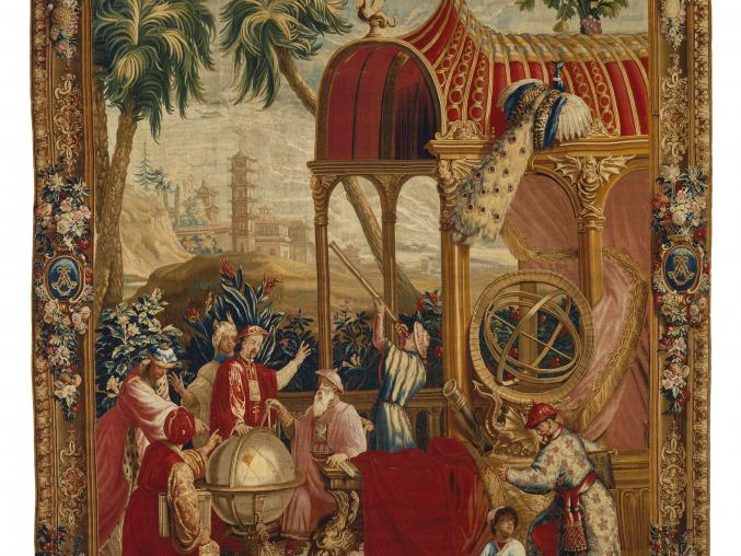 Artwork, Beauvais Manufactory (French, founded 1664), Woven under the direction of Philippe Béhagle (French, 1641–1705), After cartoons by Guy-Louis Vernansal (French, 1648–1729), painter, et al. Tapestry: Les Astronomes, from L'Histoire de l'empereur de la Chine Series. ca. 1697–1705. Wool and silk, modern cotton lining. 318.8 × 424.2 cm. The J. Paul Getty Museum, Los Angeles, 83.DD.338. CC0 1.0 Universal.