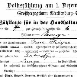 Prussian Counting Card for the Census, 1900. Inscribed by or for Carl Jäger, born 1829, district Güstrow (detail). Image: Wiki Commons.